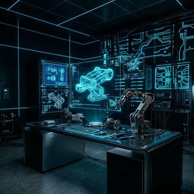 Engineering workspace with robotics equipment, circuit boards, and automation tools