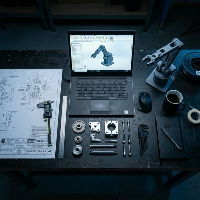 Engineering workspace with CAD software and precision tools